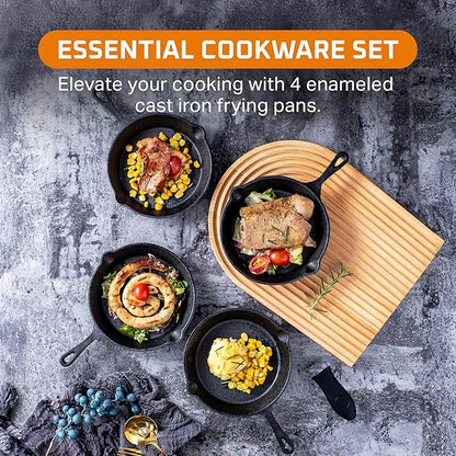 Bruntmor Cast Iron Frying Pan Set of 4-6x4 Inch Black Pre-Seasoned Skillets with Heat-Resistant Silicone - Mini Cast Iron Skillet Set for Stovetop, Oven, and Grill (Pack of 2)