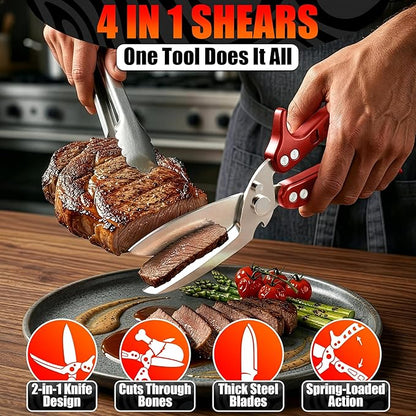 4-in-1 Kitchen Shears Heavy Duty - Detachable Poultry Shears with Micro-Serrated Blades, Spring-Loaded Action & Non-Slip Metal Handle, Dishwasher Safe - Bone Cutting Scissors for Chicken & Meat Prep