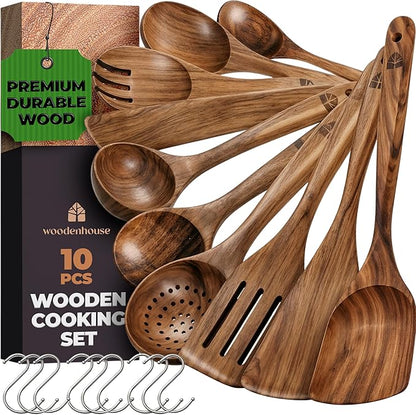 Wooden Spoons for Cooking – 10 Pcs Premium Teak Wooden Utensil Set with Hooks - Durable, Nonstick Safe, Easy to Clean & Heat Resistant with Ergonomic Handles by Woodenhouse