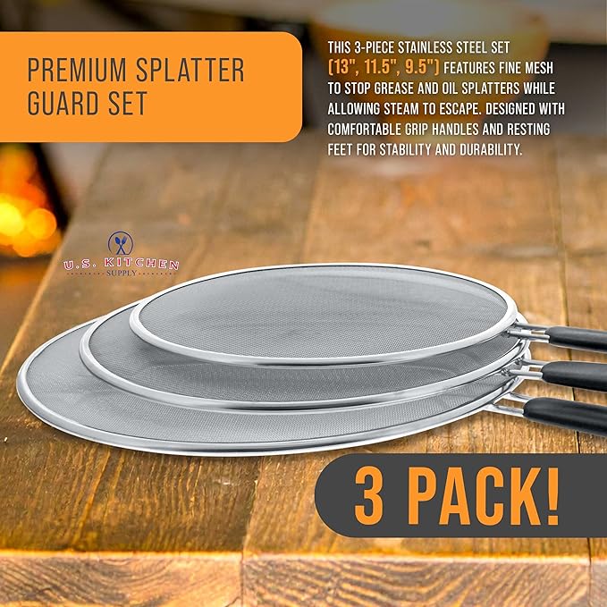 U.S. Kitchen Supply 3-Piece Stainless Steel Splatter Guard Set (13", 11.5", 9.5") Fine Mesh Cover, Grease & Oil, Splatter Screen for Frying Pan, Cooking Pots, with Resting Feet & Comfort Grip Handles - Image 3