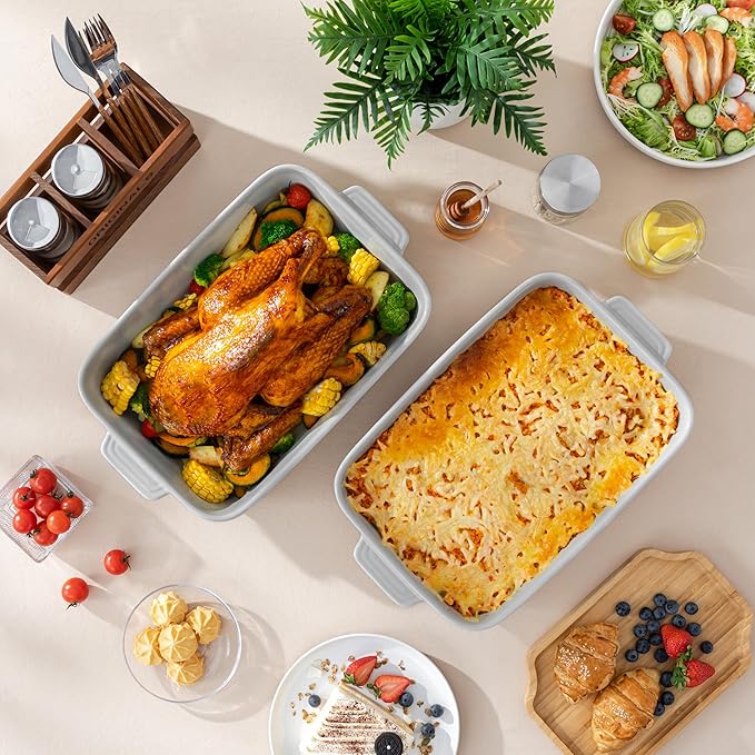 MALACASA Lasagne Dishes for Oven, 4.8 Qt Ceramic Oven Dish with Handles, 9 x 13 Inch Deep Rectangular Baking Dish Casserole Dishes, Grey Lasagna Pan Bakeware for Roasting, Series TARA - Image 7