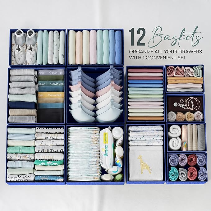 Drawer Organizer Clothes Set of 12 Navy - Dresser Organizer For Nursery, Bedroom, Closet - Perfect Baby Clothes Organizer and Storage & General Nursery Organization or Dresser Drawer Organizers - Image 3