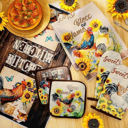 Leinuosen 6 Rooster Sunflower Farmhouse Kitchen Decor Dish Towels Oven Mitts and Pot Holders Sets Chicken Kitchen Towels Absorbent Decorative Accessories for Cooking Baking Grilling
