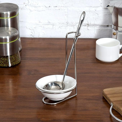 MyGift White Ceramic Ladle Holder Spoon Rest, Upright Single Cooking Utensil Holder, Vertical Drip Catcher Dish with Stainless Steel Stand for Kitchen Counter