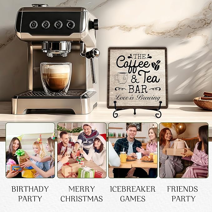 Coffee Bar Sign, Love is Brewing Farmhouse Tabletop Decor, Coffee and Tea Lover Gifts, 5x5 Wood Plaque with Iron Stand for Home Kitchen Cafe, Coffee Bar Decor – L10 - Image 5