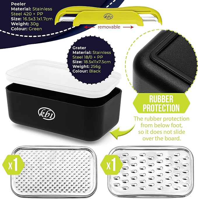 Cheese Grater with Container and Lid & Peeler Set - Vegetable Fruit Multi-Function Stainless Steel Kitchen Utensil Kit with Black Food Plastic Storage Stable Box - Hand Chopper Graters & Peelers - Image 2