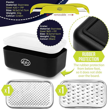 Cheese Grater with Container and Lid & Peeler Set - Vegetable Fruit Multi-Function Stainless Steel Kitchen Utensil Kit with Black Food Plastic Storage Stable Box - Hand Chopper Graters & Peelers - Image 2
