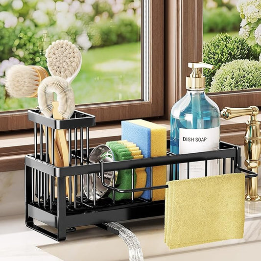 SWTYMIKI Sponge Holder for Kitchen Sink - Sink Caddy with Brush Holder Self-draining Sponge Caddy Organizer with Divider Stainless Steel Kitchen Accessories Storage for Countertop, Black by SwtyMiki-TidyHomeSweetLife