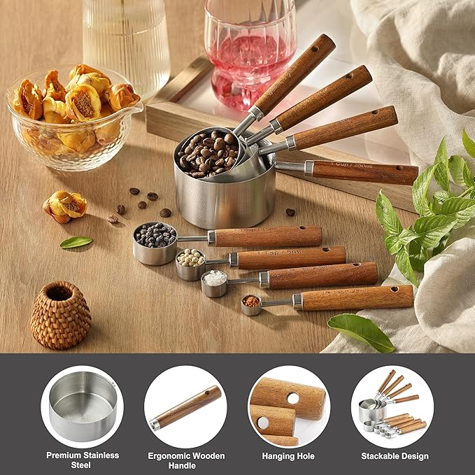 8PCS Measuring Cups, DAJLFA Stainless Steel Measuring Cups and Spoons Set with Ergonomic Wooden Handle for Cooking & Baking - Image 3