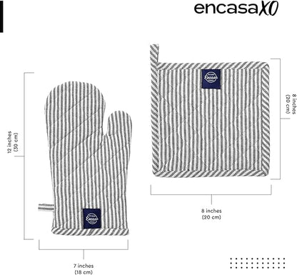 Encasa XO Heat Resistant 100% Cotton Oven Glove & Potholder Set with Loop, Kitchen Cooking Mittens, Microwave Safe Hot Pads (Ticking Black)