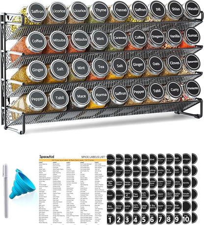 SpaceAid Spice Rack Organizer with 36 Spice Jars, 386 Spice Labels, Chalk Marker and Funnel Set for Cabinet, Countertop, Pantry, Cupboard or Door & Wall Mount - 36 Jars, 17.2" W × 10.8" H, Black by SpaceAid