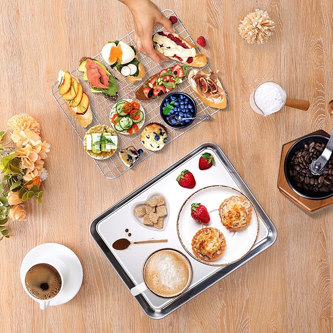 Homikit Quarter Sheet Pan with Wire Rack Set (2 Baking Sheets+2 Racks), Stainless Steel Baking Tray with Grid Cooling Rack for Toaster Oven Roasting, Metal Bacon Cookie Jelly Roll Pan, 12" x 10" Inch