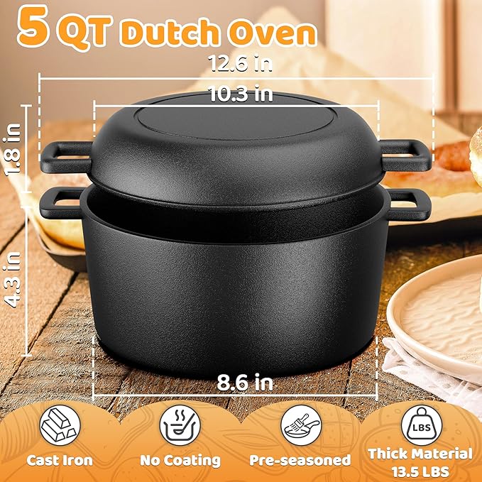 Cast Iron Dutch Oven for Bread Baking, 5 QT Pre-Seasoned Pot with Skillet Lid, Includes Sourdough Bread Baking Supplies, Cast Iron Pot for Frying, Braising, BBQ - Image 2