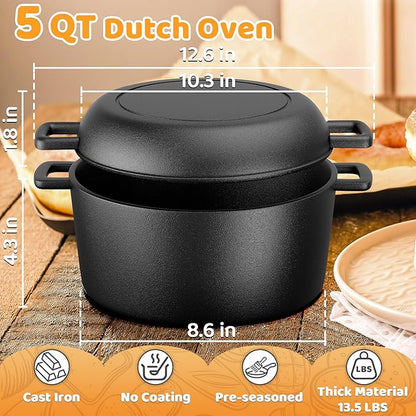 Cast Iron Dutch Oven for Bread Baking, 5 QT Pre-Seasoned Pot with Skillet Lid, Includes Sourdough Bread Baking Supplies, Cast Iron Pot for Frying, Braising, BBQ - Image 2