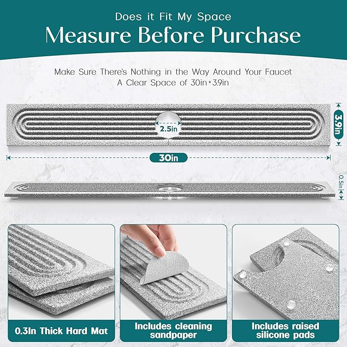 Stone Faucet Mat for Kitchen Sink, Diatomite Stone Drying Mat for Kitchen Counter, 2026 Upgraded Dishwasher-Safe & Ultra Absorbent, Chemical-Free Stone Dish Mat for Bottles Utensils (30" x 3.9") - Image 6