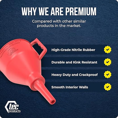 TEC Products FlexAll Short Neck Funnel - Flexible Funnel w/ Hose for Automotive Use - Durable Nitrile Rubber - Car Oil Change, Transmission Fluid, Diesel, Gas - USA Made - Small (8.3 x 4.3 Inches)