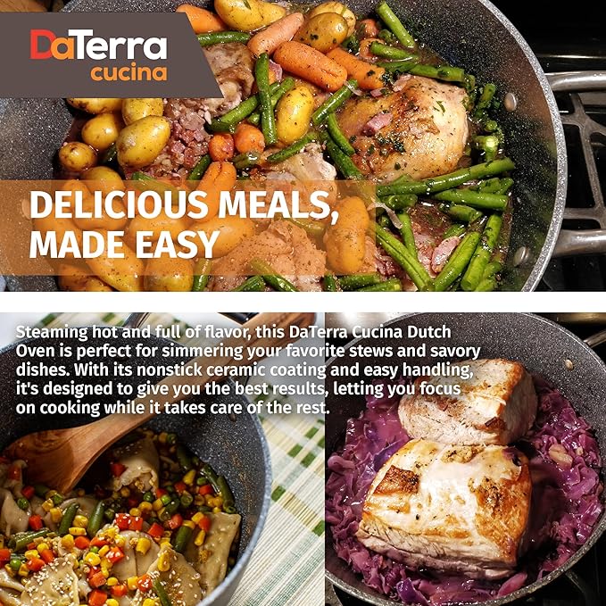 DaTerra Cucina – 8 Qt Nonstick Ceramic Dutch Oven with Lid – Large Oven Safe Stock Pot, Induction Compatible, Lightweight, Lead & PFOA Free, Volcanic Black, Durable Nonstick Cookware – Made in Italy - Image 7