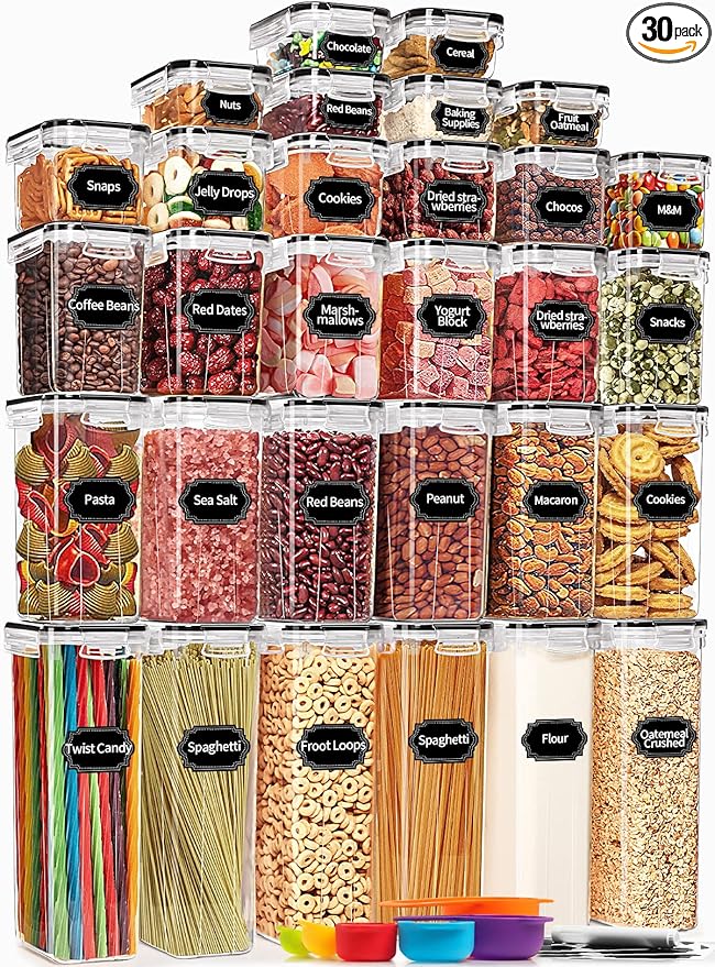 PRAKI 30 Pack Airtight Food Storage Containers for Kitchen Pantry Organizers and Storage, Plastic Kitchen Storage Canisters with Lids,Cereal, Flour & Sugar Containers - Labels, 6 Spoon & Marker by PRAKI