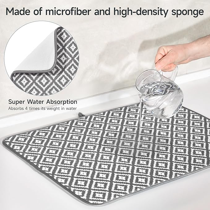 Subekyu 2 Pack Dish Drying Mat, 24*18 inch Ultra Absorbent Microfiber Dishes Drainer Mats for Kitchen Counter, Large Size Dish Drying Pad with Rhombus patterns - Image 4