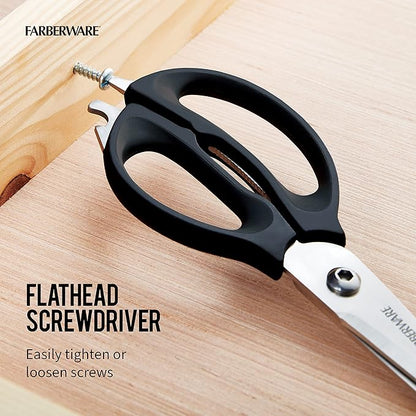 Farberware 4-in-1 Kitchen Scissors with Black Handle, High-Carbon Stainless Steel Shears with Bottle Opener, Jar Opener and Screwdriver, Kitchen Shears for Food Prep