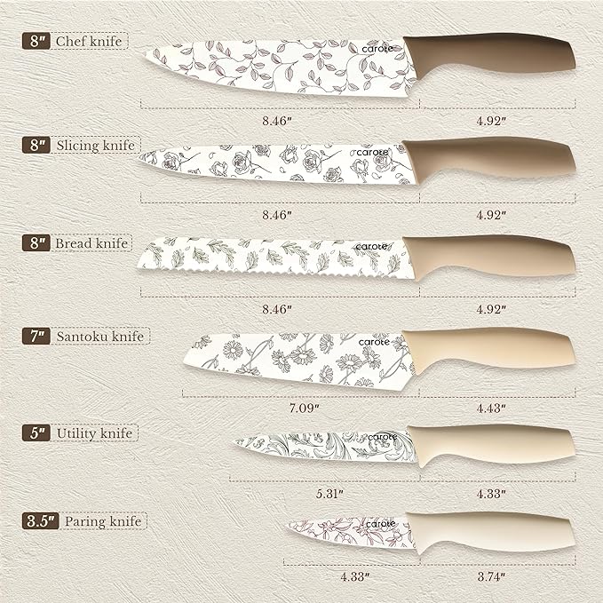CAROTE 12PCS Knife Set, Kitchen Knife Set with 6 Blade Guards, Stainless Steel Knives Set With Nonstick Ceramic Coating, Rustproof, Delicate Floral Designs, White - Image 2