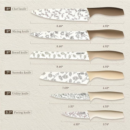 CAROTE 12PCS Knife Set, Kitchen Knife Set with 6 Blade Guards, Stainless Steel Knives Set With Nonstick Ceramic Coating, Rustproof, Delicate Floral Designs, White (Pack of 2) - Image 2