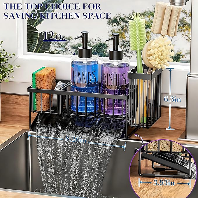 MASADI Kitchen Sink Caddy with Dish Soap Dispenser Set, 12OZ Glass Bottle, Hand and Dish Soap Dispenser Set, Non-Slip Silicone Pad, Brush Holder, Kitchen Sink Organizer Countertop (Black+Clear) - Image 3
