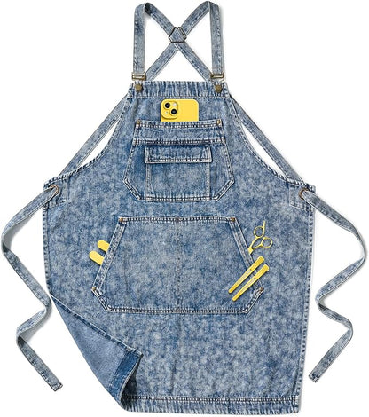 Denim Apron with Pockets for Hair Stylist Gardening Craftsmen Barista Women Hairdresser Jean Work Apron Cross Straps