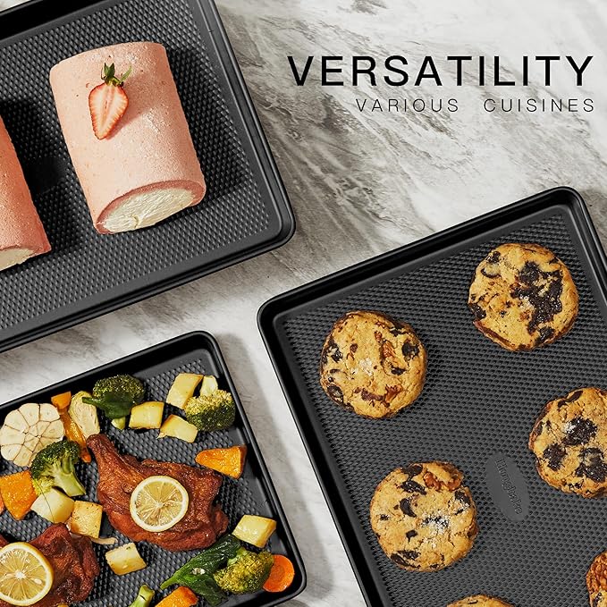 HONGBAKE 2 Pack Half Sheet Pan Set, 1/2 Cookie Sheets for Baking with Diamond Texture, 17.5" x 12" Large Baking Sheets Non Stick, Non Toxic Oven Trays for Cooking, 57% Thicker Carbon Steel, Dark Gray - Image 4