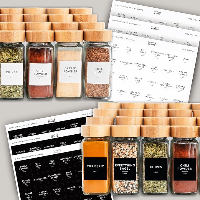 SAVVY & SORTED Glass Spice Jars with Label, 24PK Bamboo Jar Spices Set 4oz, 374 Spice Labels, Pepper Grinder, Empty Herb Seasoning Containers, Funnel and Shaker Lids - Image 5
