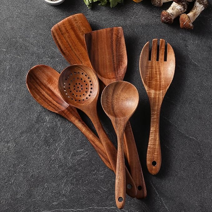Premium Teak Wooden Spoons for Cooking, 6-Piece Wood Kitchen Utensils Set for Nonstick Cookware - Heat Resistant, Natural Healthy Spatula Set with Hanging Holes - Durable, Scratch-Free & Handcrafted - Image 3
