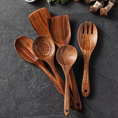 Premium Teak Wooden Spoons for Cooking, 6-Piece Wood Kitchen Utensils Set for Nonstick Cookware - Heat Resistant, Natural Healthy Spatula Set with Hanging Holes - Durable, Scratch-Free & Handcrafted - Image 3