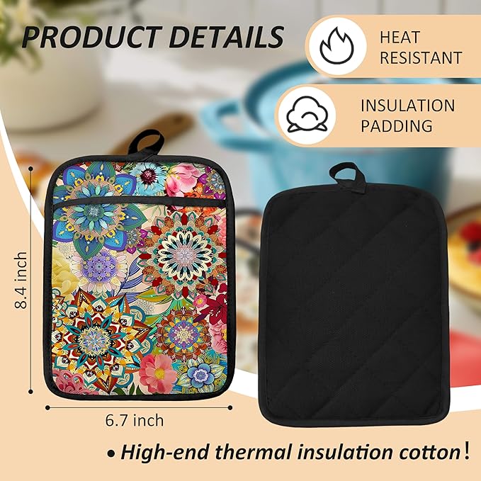Boho Floral Oven Mitts Set, Vintage Luxury Colorful Flower Floral Heat Resistant Kitchen Oven Gloves for Baking and Cooking,Pot Holders - Image 2