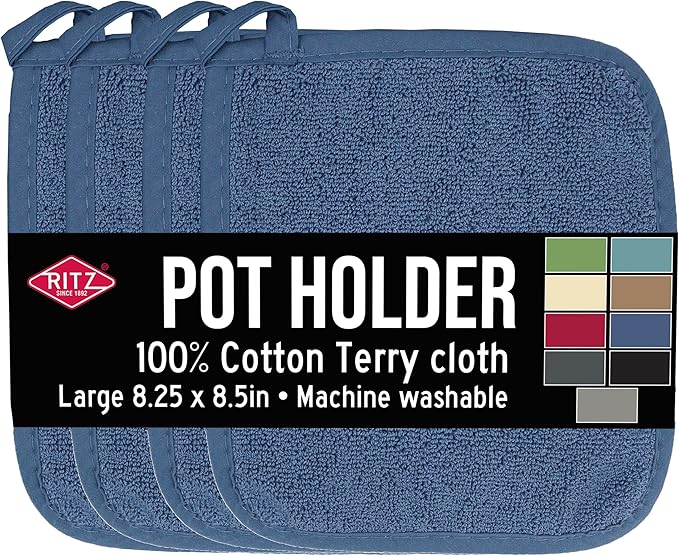 RITZ Terry Potholder & Hot Pad: Unparalleled Heat Resistant, Durable 100% Cotton – Ergonomically Designed for Optimal Grip – Easy-Care Machine Washable – 4-Pack, Federal Blue by Ritz+Foodservice