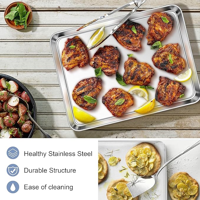E-far Stainless Steel Baking Sheets, 12.4” x9.7” x 1” Baking Cookie Sheets Pans for Oven, Non-toxic Metal Trays for Cake Cookies, Healthy & Rust Free, Mirror Finish & Dishwasher Safe, 2 Pack - Image 5