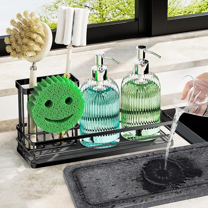 Galasily Sink Caddy Organizer with Water Absorbing Stone Tray, Instant Dry Sponge Holder Smiley Face, Dish Brush Holder for Countertop, Kitchen Storage Accessories and Organization Essentials (Black) by galasily