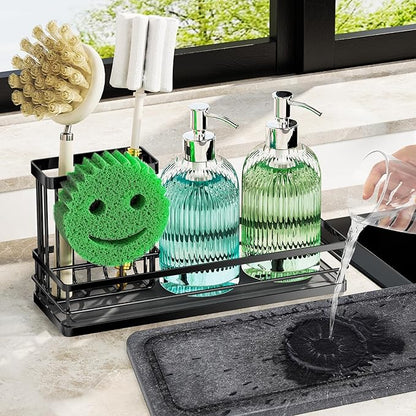 Galasily Sink Caddy Organizer with Water Absorbing Stone Tray, Instant Dry Sponge Holder Smiley Face, Dish Brush Holder for Countertop, Kitchen Storage Accessories and Organization Essentials (Black) by galasily