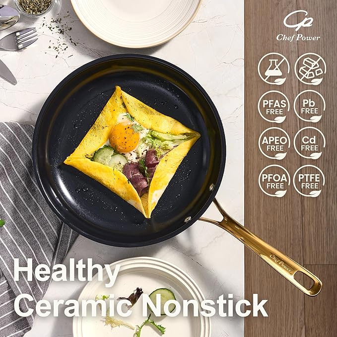 Chef Power Ceramic Frying Pan with Stainless Steel handle 5Pcs Set, Non-toxic Non Stick Grill Pan Set, Induction, Dishwasher and Oven Safe, Stone Black & Light Gold Handle, 8'', 9'', 11'' Skillet - Image 3