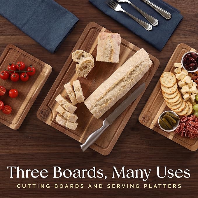 Pre-Oiled, Non Toxic 3-Piece Acacia Cutting Board Set with Stand, FSC Certified Wooden Chopping Boards, Includes 3.4 fl oz Chopping Board Oil, 3 Wood Carving Boards for Home, BBQ Kitchen, Deer & Oak - Image 8