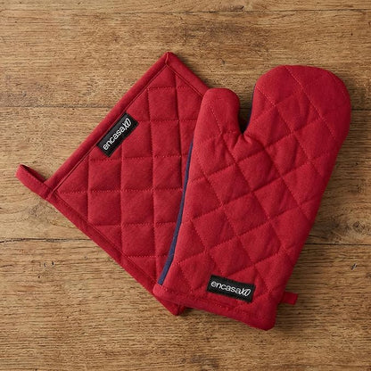 Encasa XO Heat Resistant 100% Cotton Oven Glove & Potholder Set with Loop, Kitchen Cooking Mittens, Microwave Safe Hot Pads (Red)