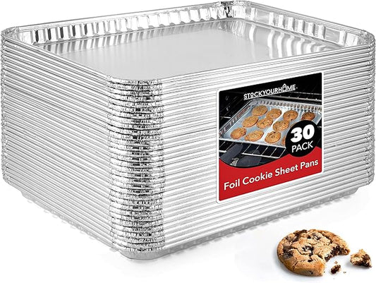 Stock Your Home Disposable Cookie Sheets for Baking (30-Pack) Aluminum Trays, Foil Pans, Shallow Sheet Pan for Cooking Thin Crust Pizza, Brownie Tins, Oven Liners by StockYourHome