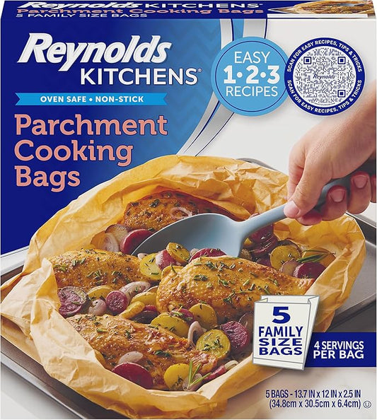 Reynolds Kitchens Parchment Cooking Bags, Family Size, Non-Stick Parchment Cooking Bags for the Oven and Microwave, Oven-Safe up to 425 Degrees, Great for Quick Family Meals, No-Mess Cleanup, 5 Pack by ReynoldsConsumerProducts