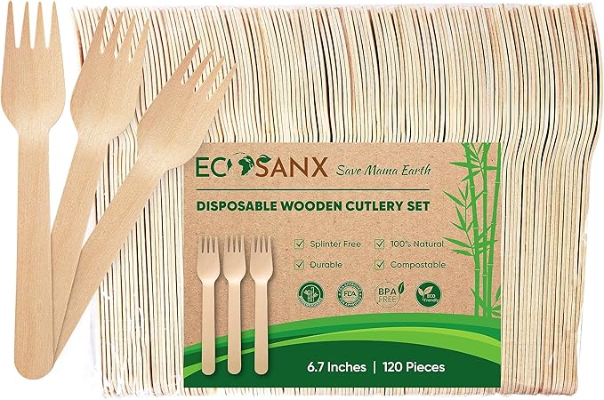 ECOSANX® 120 PCs Wooden forks for eating 6.5" Splinter Free Compostable Forks, Eco-Friendly Wooden Cutlery set for Party & Outdoor, Disposable forks for Camping, Events & More by ECOSANX