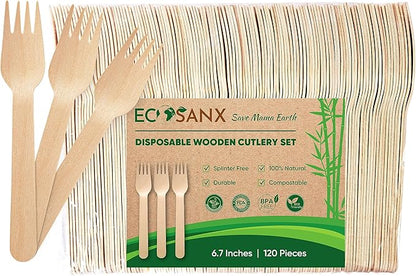 ECOSANX® 120 PCs Wooden forks for eating 6.5" Splinter Free Compostable Forks, Eco-Friendly Wooden Cutlery set for Party & Outdoor, Disposable forks for Camping, Events & More by ECOSANX