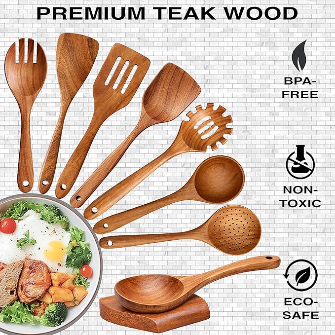 9-Piece Teak Wooden Utensil Set – Wooden Spoons for Cooking with Spoon Rest, Wooden Spatula, and Non Toxic Cooking Utensils – Premium Kitchen Utensils Set for Daily Use - Image 3
