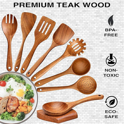 9-Piece Teak Wooden Utensil Set – Wooden Spoons for Cooking with Spoon Rest, Wooden Spatula, and Non Toxic Cooking Utensils – Premium Kitchen Utensils Set for Daily Use - Image 3
