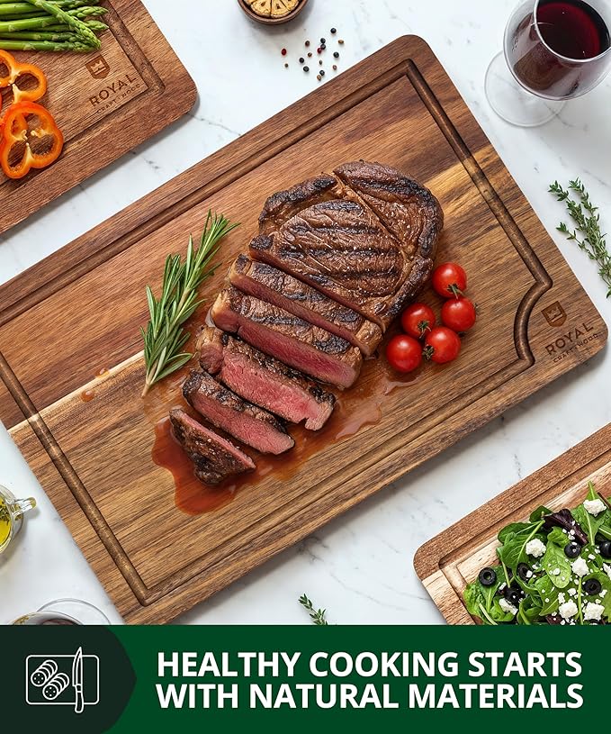 ROYAL CRAFT WOOD Wooden Cutting Boards for Kitchen Meal Prep & Serving - Bamboo Wood Serving Board Set with Deep Juice Groove Side Handles - Charcuterie & Chopping Butcher Block for Meat - Image 3