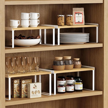 Goozii Kitchen Cabinet Organizer Shelf Set of 4, Large Stackable Pantry Cupboard Countertop Storage and Organizer, Desk Shelf Riser, Spice Plate Cup Expandable Storage Rack (Bamboo White)