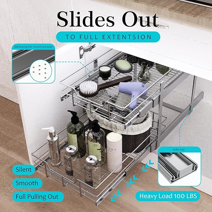 2 Tier Pull Out Cabinet Organizer 20" W X 22" D, Slide Out Drawers For Kitchen Cabinets, Pull Out Drawers For Cabinets Capacity Heavy Duty Caddy, Cabinet Pullout Shelves Chrome-Plated,Bathroom Pantry - Image 3