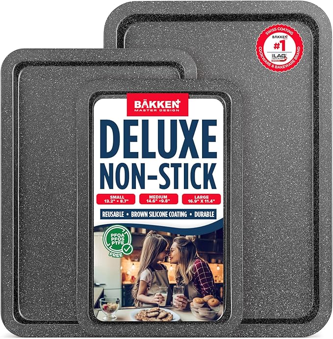 BAKKEN 3-Piece Kitchen Baking Pans - Small, Medium, and Large Cookie Pan, With Nonstick Coating, Stackable and Space-saving Design, PFOA, PFOS, PTFE Free, Oven Safe Tray (Up To 450°F), Gray Marble by Unknown